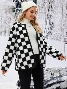 SHEIN Pregnant Women'S Checkerboard Fleece Jacket For Maternity, For Winter - Black and White - View 3