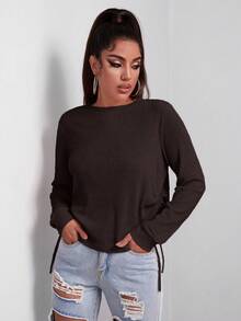 SHEIN Essnce Bên dây rút Đồ đan Ribbed Áo thun - Cà phê nâu - Xem 3