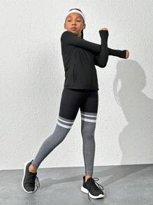 SHEIN 女大童拉鏈開襟拇指孔連帽運動夾克 - 黑色 - 查看 5