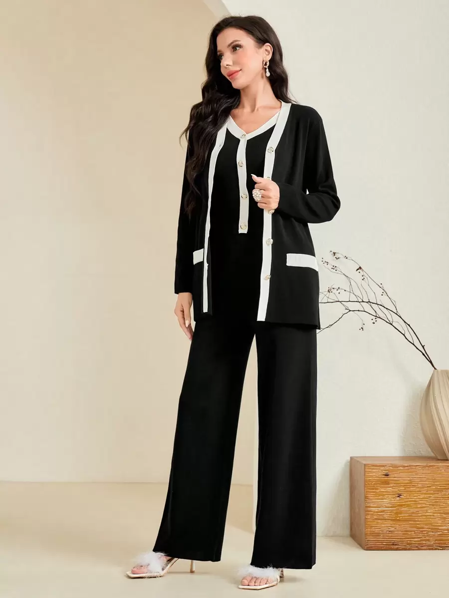 Modelyn Contrast Trim Cardigan & Knit Top & Knit Pants 2 Piece Set - Black - View 1