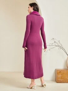 Modelyn Chất rắn Cổ áo Borg Tie Trước Đầm Áo len - Màu Hồng Tươi - Xem 2