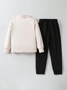 SHEIN 2 cái/bộ Bé trai Giải trí Màu thuần Cổ áo có gân Áo polo Và Quần Quần áo thể thao Đối với Mùa thu đông - Nhiều màu - Xem 2