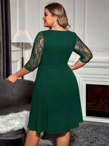 SHEIN Clasi Plus Contrast Lace Notched Neckline Dress - Dark Green - View 2