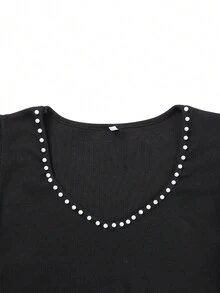 V-neck Beaded Puff Sleeve Top - Black - View 7