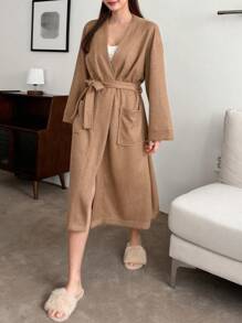 DAZY 下垂肩腰帶長袍 - 駝色 - 查看 8