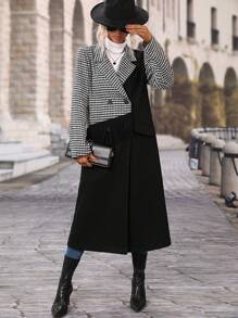 SHEIN Clasi Contrast Houndstooth Print Fringe Trim Double Breasted Overcoat