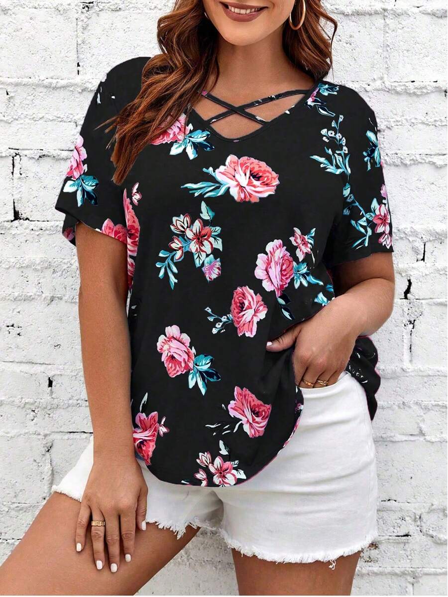 SHEIN LUNE 大碼印花前交叉T恤