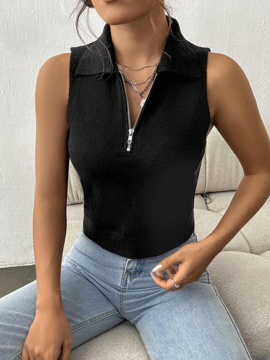 Flirla Canotta con mezza zip in maglia a coste - nero - Visualizzare 1
