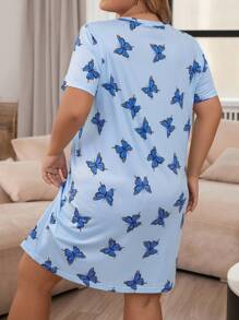 Plus Butterfly Print Pajama Nightdress - Blue - View 2