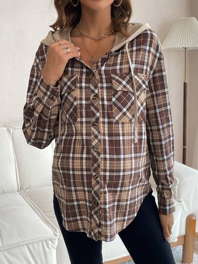 SHEIN Maternity Hooded Shirt With Button Front, Flap Pockets And Drawstring