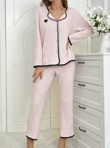 撞色滚边落肩上衣和裤子家居服套装，舒适保暖，秋冬服装，蓬松睡衣 - 淺粉色 - 查看 3