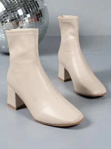 秋冬女士方头米色粗跟后拉链西部风时尚靴高筒靴和踝靴，奶油白米色牛仔靴，冬季 - 米色 - 查看 4