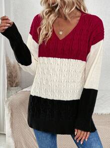 SHEIN LUNE Color Block V-Neck Drop Shoulder Cable Knit Pullover Fall Winter Sweater - Black - View 7