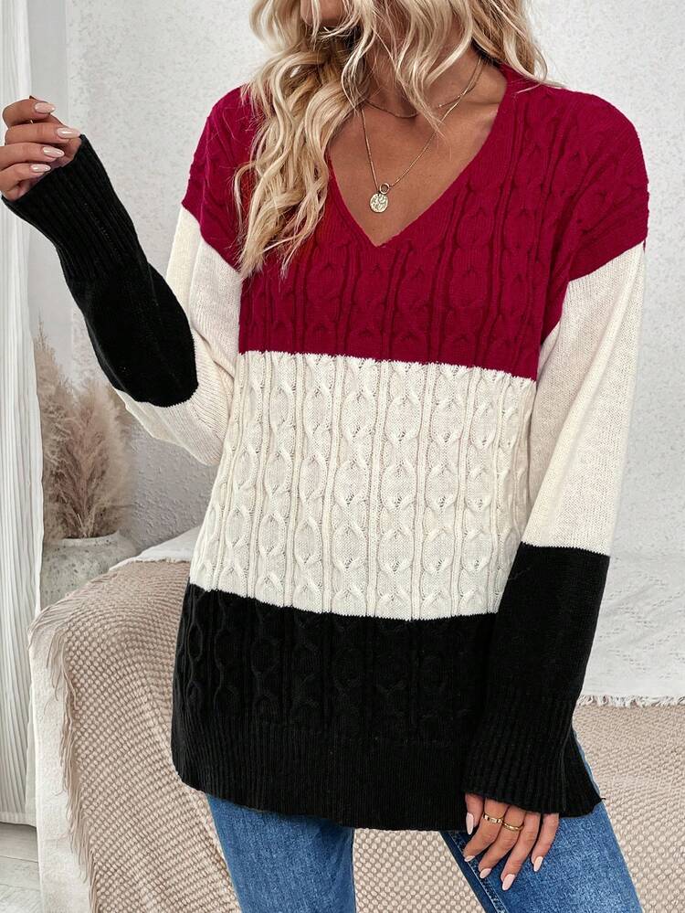 Color Block V-Neck Drop Shoulder Cable Knit Pullover Fall Winter Sweater