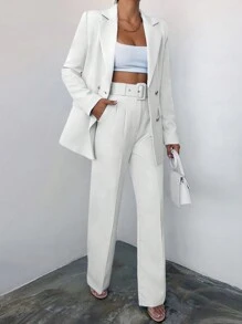 EURMUSE Solid Color Turn-down Collar Double-breasted Suit Set - White - View 4