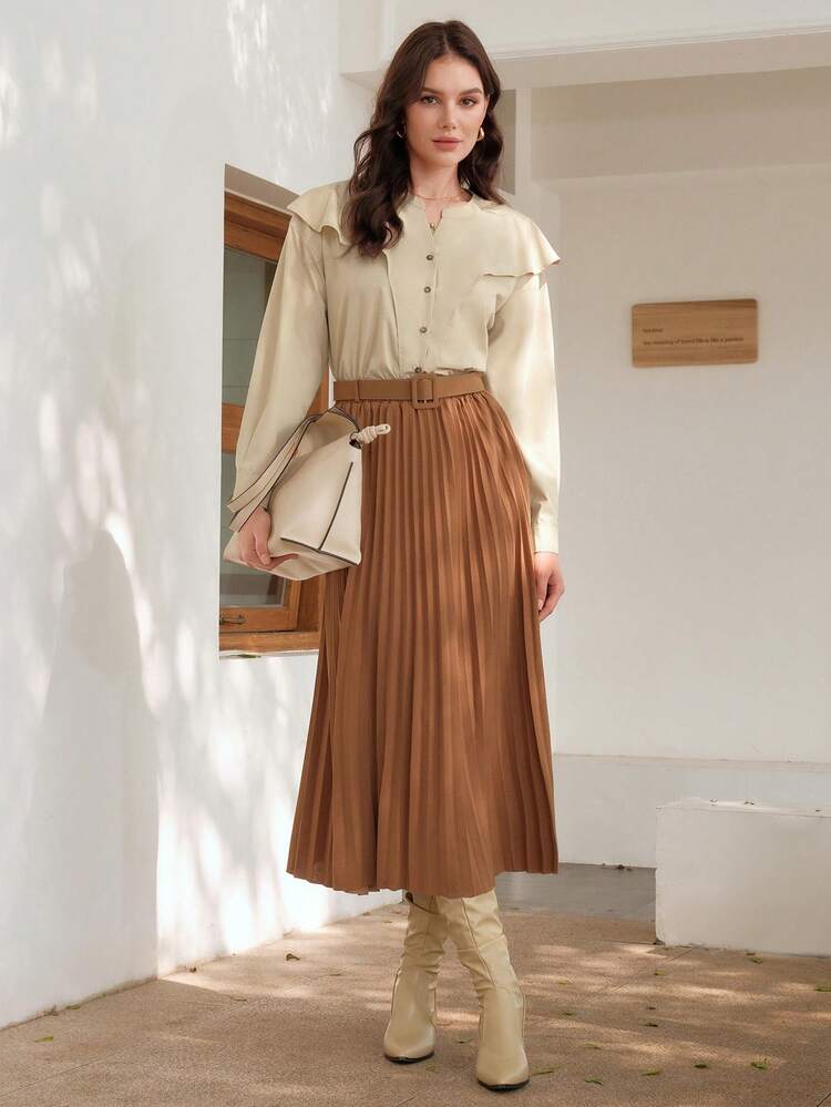 Solid Button Front Ruffle Trim Blouse