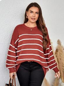 EMERY ROSE Plus Striped Pattern Drop Shoulder Sweater - Red - View 4