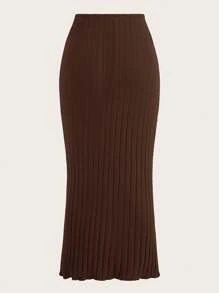 SHEIN EZwear 净色美人鱼下摆罗纹针织半身裙 - 巧克力棕 - 查看 2