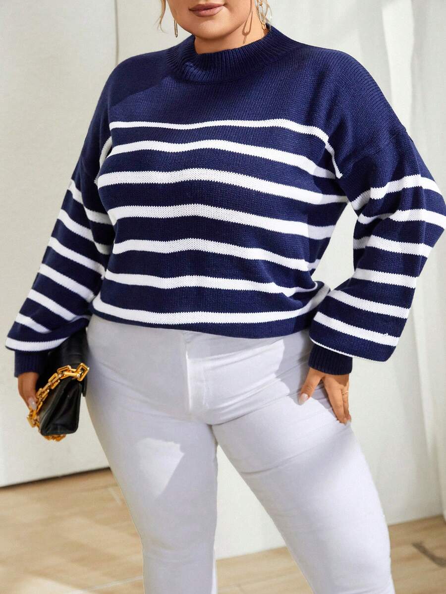One-size Loose Style Striped Sweater With Drop Shoulder - Navy Blue - View 1
