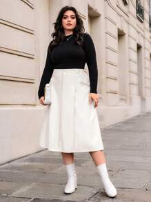 SHEIN Privé Plus High Waist PU Leather Skirt - Beige - View 6