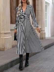 SHEIN LUNE Striped Print Twist Front Lantern Sleeve Dress - Black and White - View 5