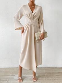 Chiquease Solid Twist Front Wrap Dress - Beige - View 5