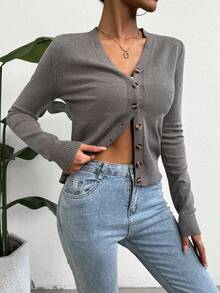 SHEIN Essnce Của phụ nữ Màu thuần Mặt trước Có nút Áo len Mở - Màu xám đen - Xem 3