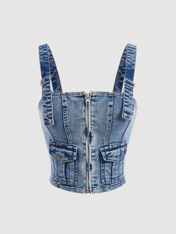 SHEIN MOD Women's Zip Front Denim Cami Top With Spaghetti Straps