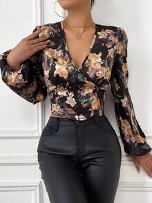 SHEIN Privé In hoa Tay áo lồng đèn Áo sơ mi Crop - Nhiều màu - Xem 6