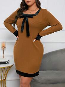 SHEIN LUNE Plus Contrast Trim Bow Front Dress - Brown - View 4