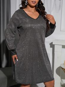 SHEIN Clasi Plus Contrast Binding Glitter Dress - Black - View 5