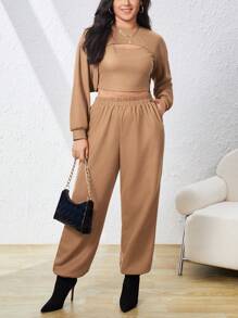 SHEIN Essnce 大码女式梅拉德纹理新年两件套服装 - 杏色 - 查看 2