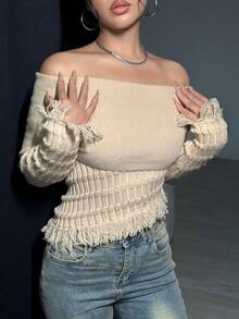 SHEIN Unity Áo len tua rua trễ vai viền bất đối xứng cho nữ - Màu be - Xem 3
