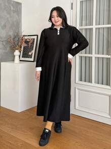 Dazy Plus Vestido Con Cuello De Polo Con Detalles De Contraste - Negro - Ver 12