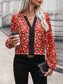 SHEIN Clasi Printed Notched Collar Shirt - Red - View 1
