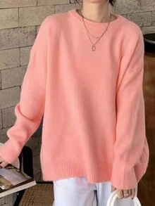 Chất rắn Thả vai Áo len Oversized - Hồng - Xem 3