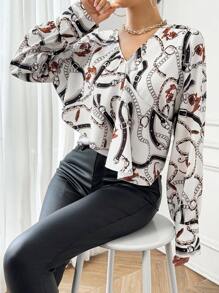 SHEIN Privé Chain Print Ruffle Trim Wrap Blouse - Multicolor - View 5