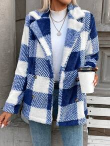 SHEIN Essnce 大方格圖案雙排釦絨毛外套 - 彩色 - 查看 4