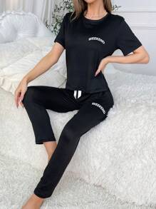 Letter Graphic Tee & Pants PJ Set / Pajama Set - Black - View 4