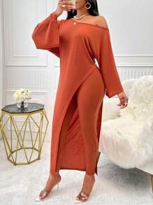 SOLERSUN Asymmetrical Neck Batwing Sleeve Tee & Leggings - Rust Brown - View 3