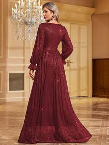 女士纯色亮片V领喇叭袖晚礼服（装饰繁复） - 紅色 - 查看 2