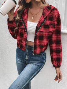 SHEIN Frenchy Cazadora con estampado de cuadros de hombros caídos con capucha - Rojo - Ver 1