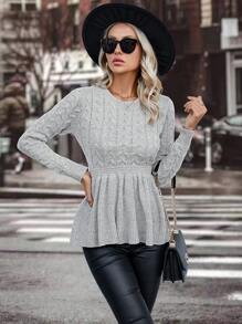 SHEIN Clasi 素色麻花編織荷葉邊下擺套頭毛衣 - 灰色 - 查看 1