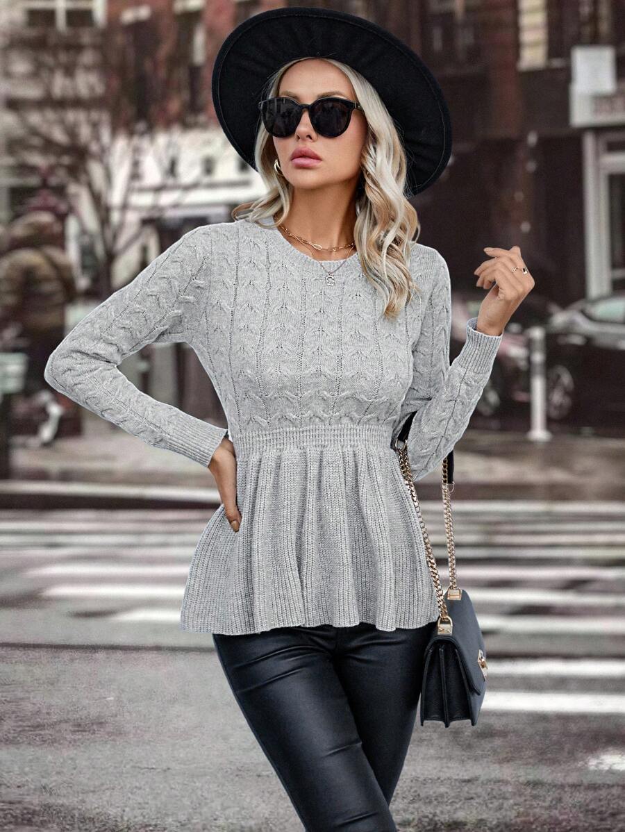 SHEIN Clasi 素色麻花編織荷葉邊下擺套頭毛衣 - 灰色 - 查看 1