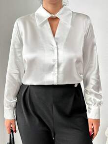 RueChic Camisa De Satén De Talla Grande Con Cuello De Agujero De Cerradura Y Manga Larga - Blanco - Ver 4