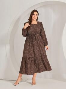 Mulvari 大碼印花繫腰帶洋裝 - 棕色 - 查看 1