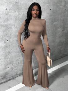 Slaydiva Bộ áo liền quần cổ cao ống loe màu trơn - Màu Khaki - Xem 3