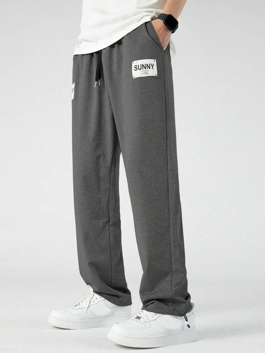 Manfinity Hypemode 男士字母圖案腰部抽繩衛褲 - 深灰色 - 查看 1