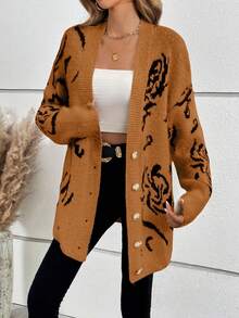 SHEIN Essnce 圖形圖案落肩袖前紐扣開襟衫 - 橘色 - 查看 4