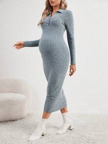 孕婦條紋針織Polo領緊身洋裝 - 藍色 - 查看 4